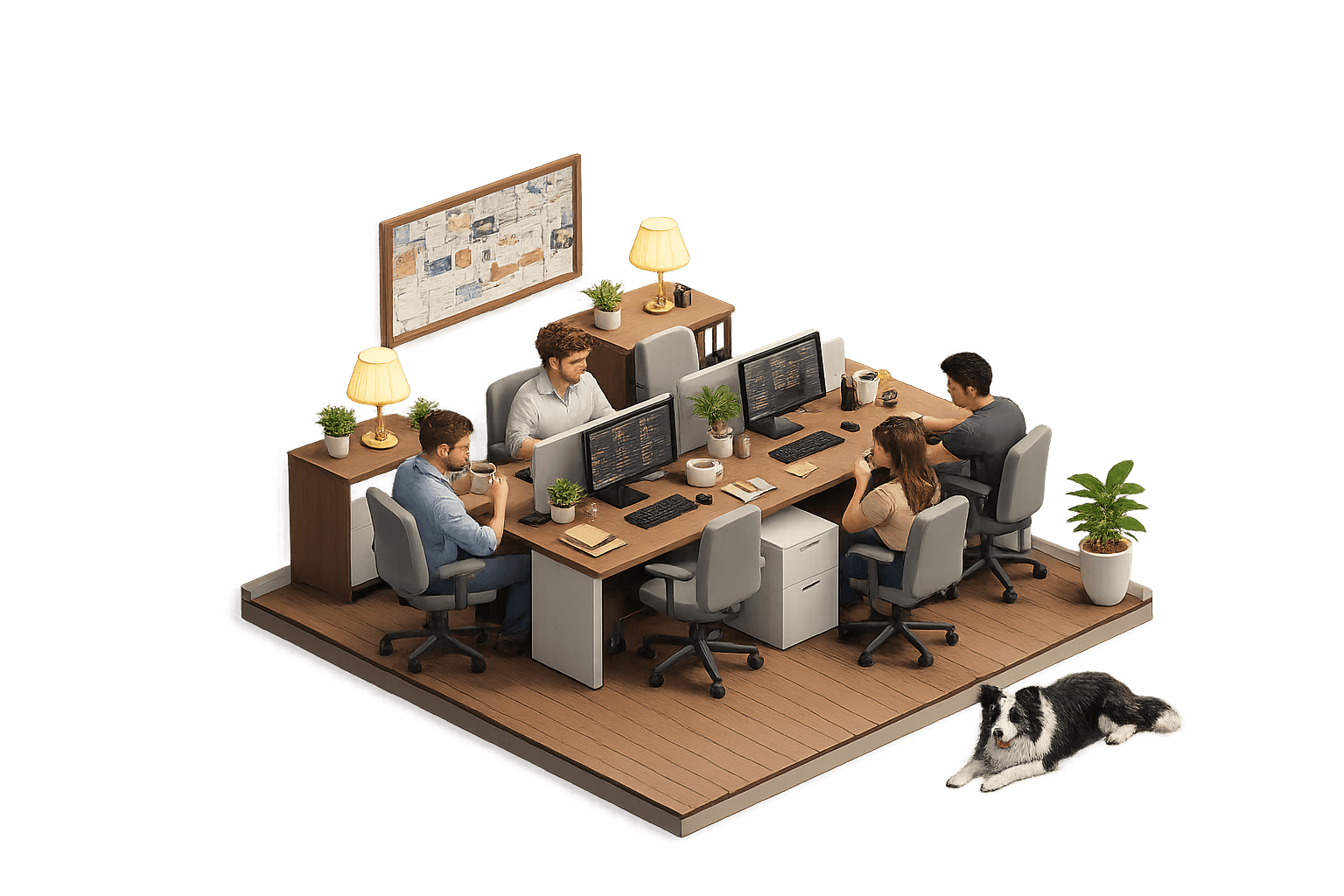 A small NeuralNest team at work, focused, with a border collie napping nearby